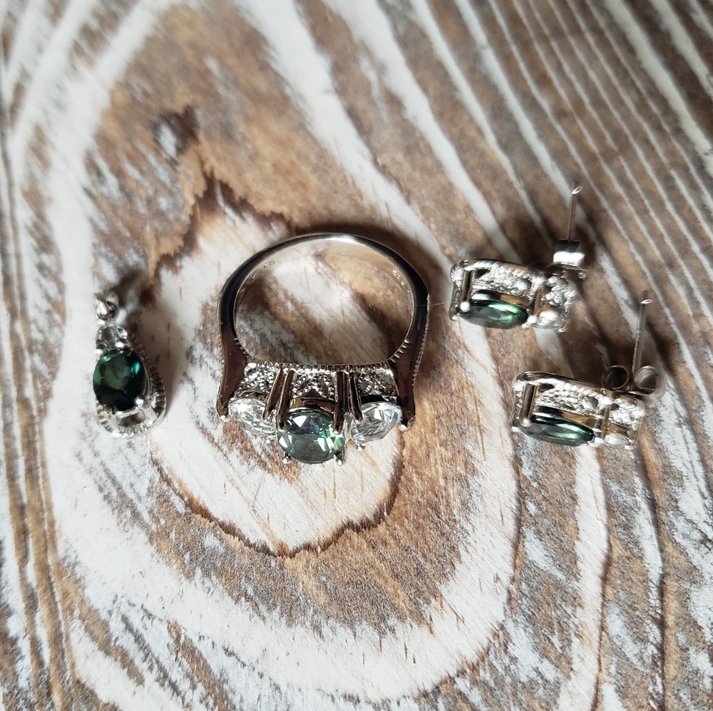 Sterling Silver green stone ring, pendant, earring